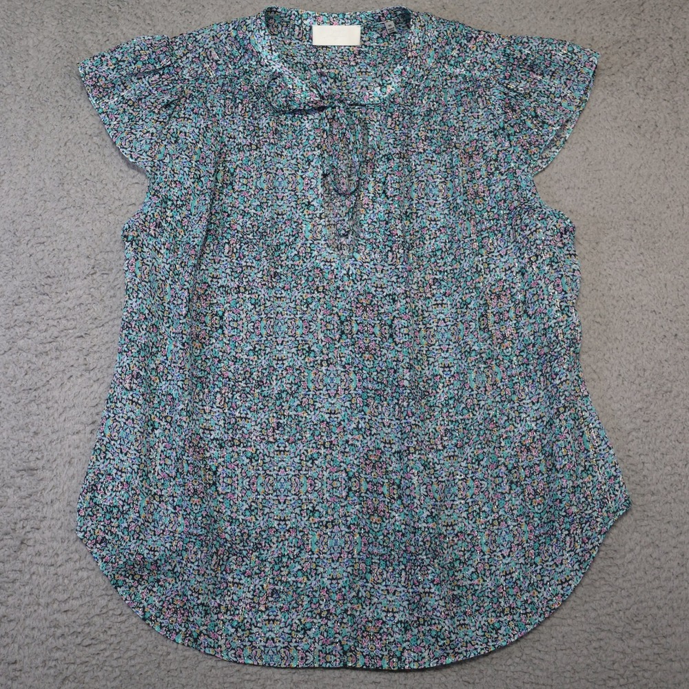 7 For All Mankind Women XS Floral Metallic Tie Neck Flutter Sleeve Blouse Blue